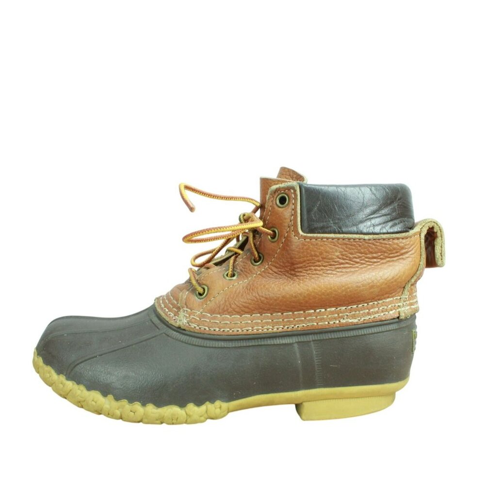 LL Bean Lace Up Unlined Ankle Duck Boots Brown Leather Padded Collar Size 9 M